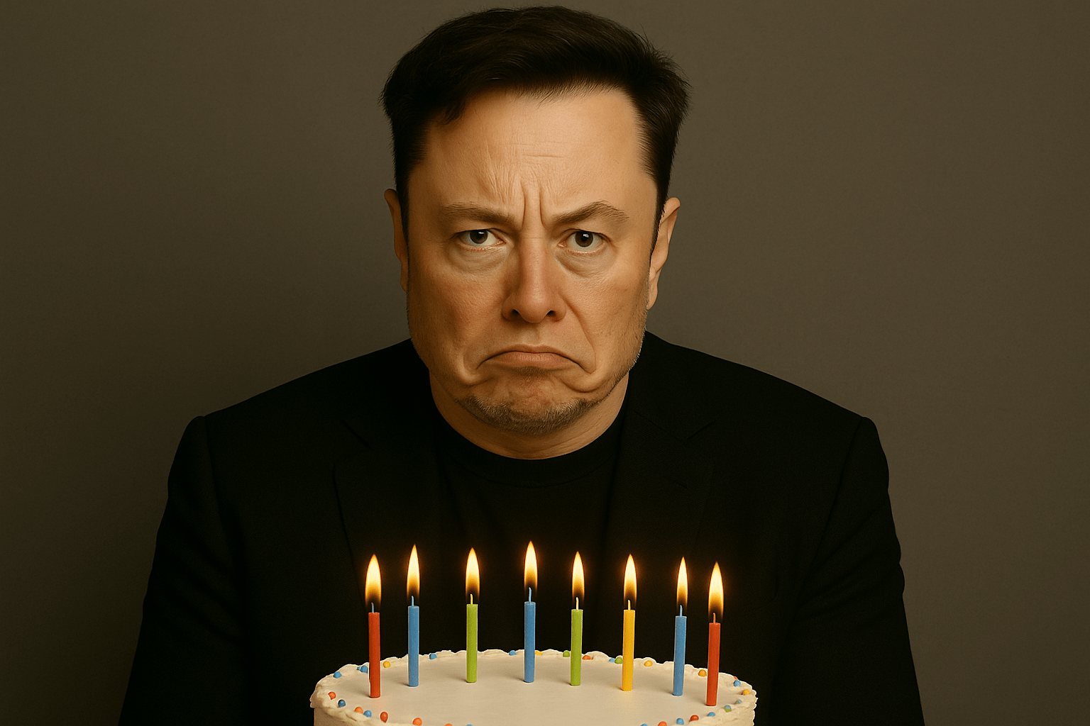Sad Elon Musk and birthday cake.