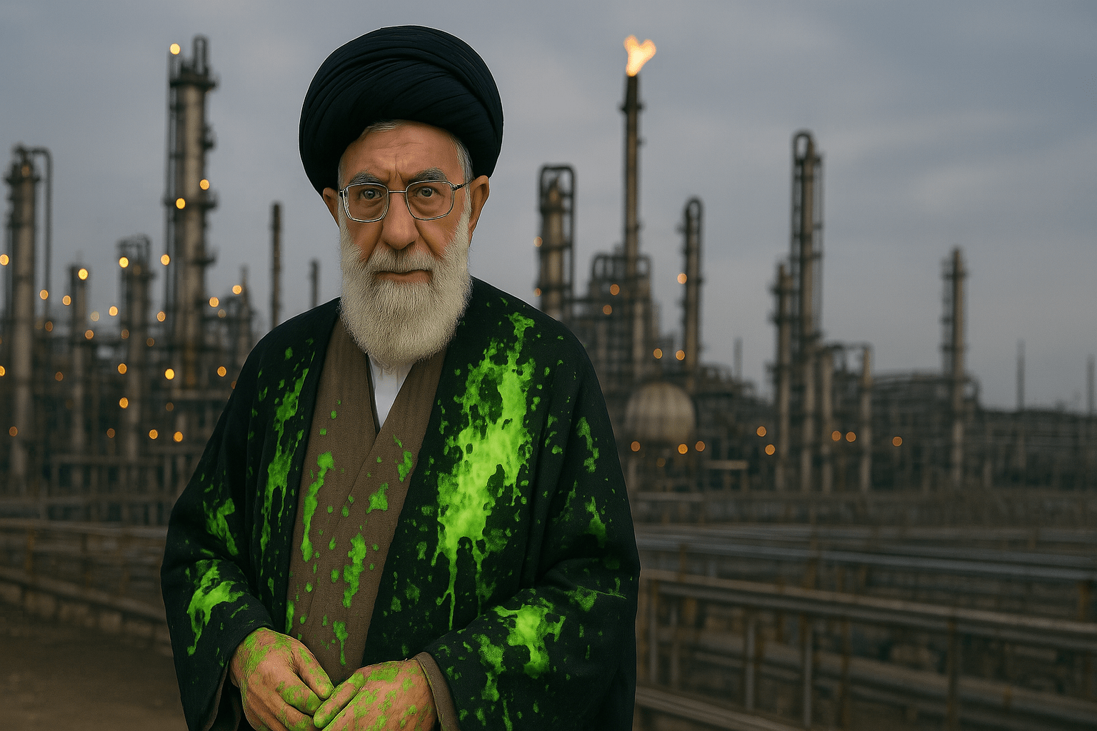 Iranian Supreme Leader with green smudges on his clothes