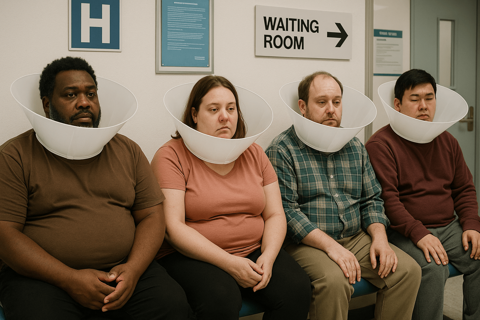 Former Medicaid patients waiting at the vet wearing cones.